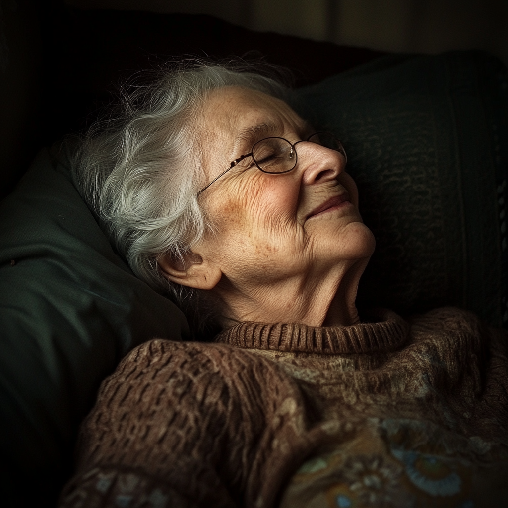 An elderly woman smiling in her sleep | Source: Midjourney