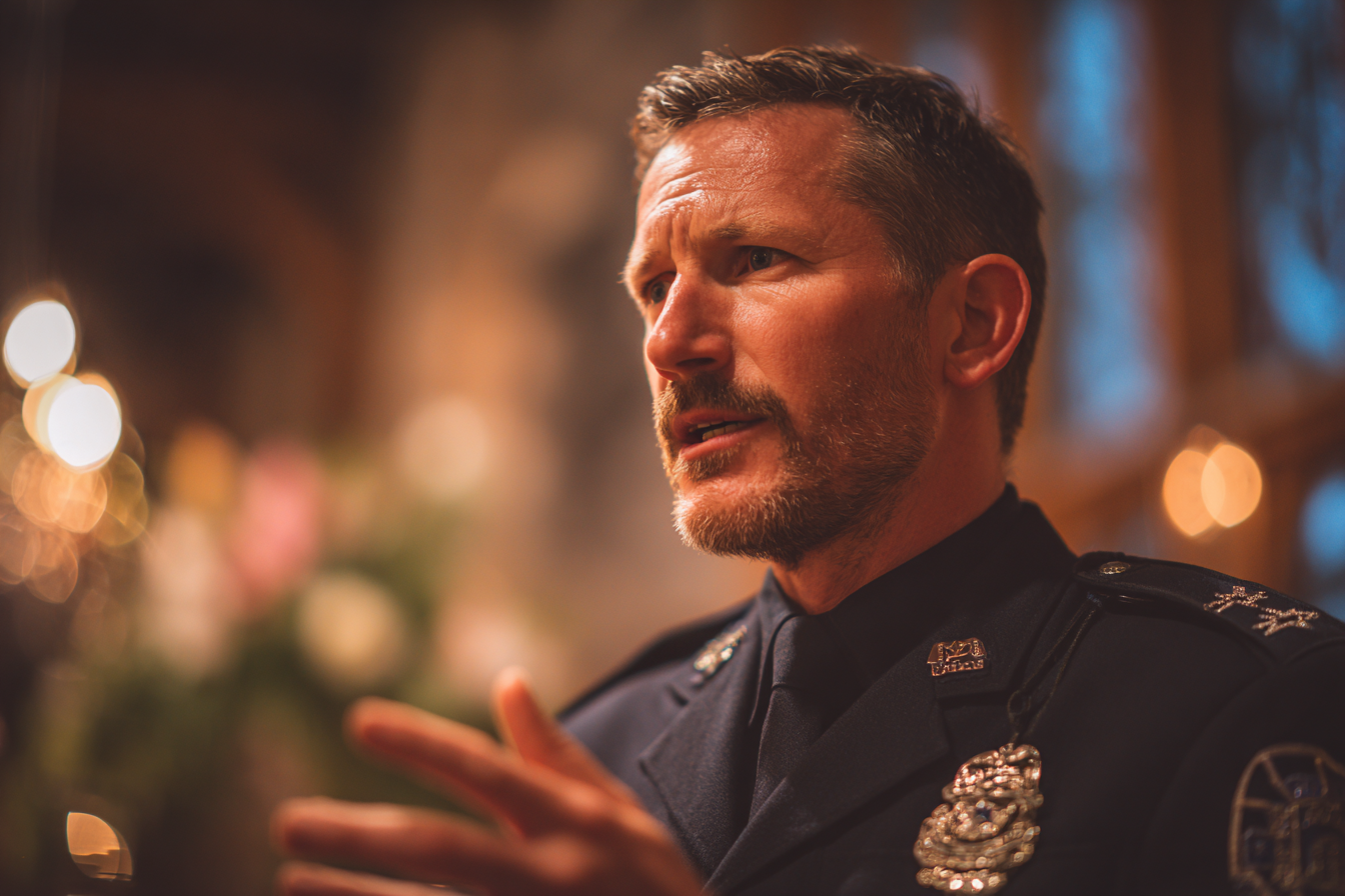 Zbliżenie funkcjonariusza policji | Źródło: Midjourney