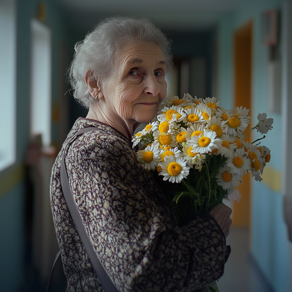 An elderly woman holding a bouquet of daisies | Source: Midjourney