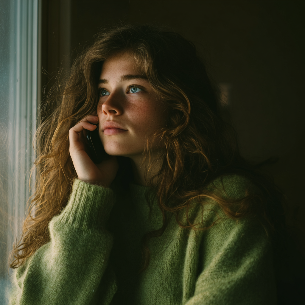 A young woman wearing a green jersey talking on the phone | Source: Midjourney