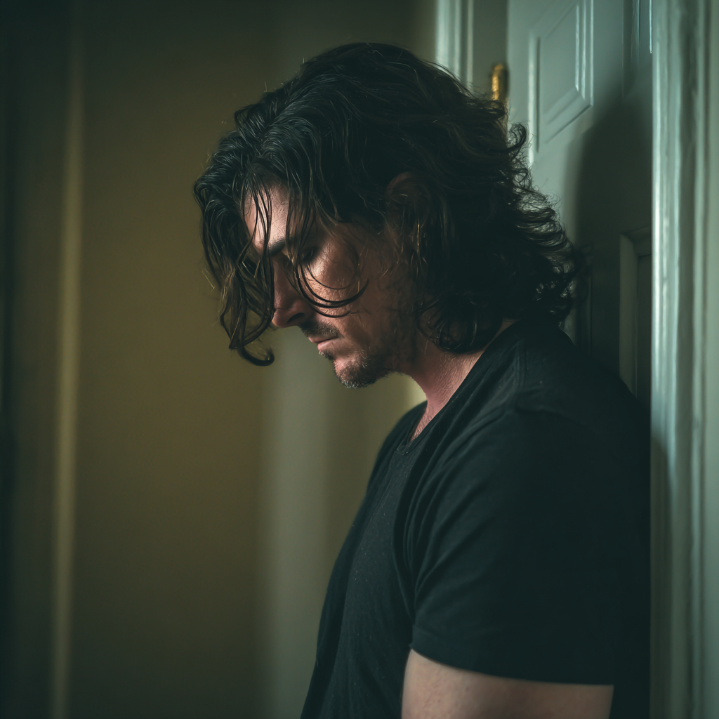 An upset man leaning against a door | Source: Midjourney