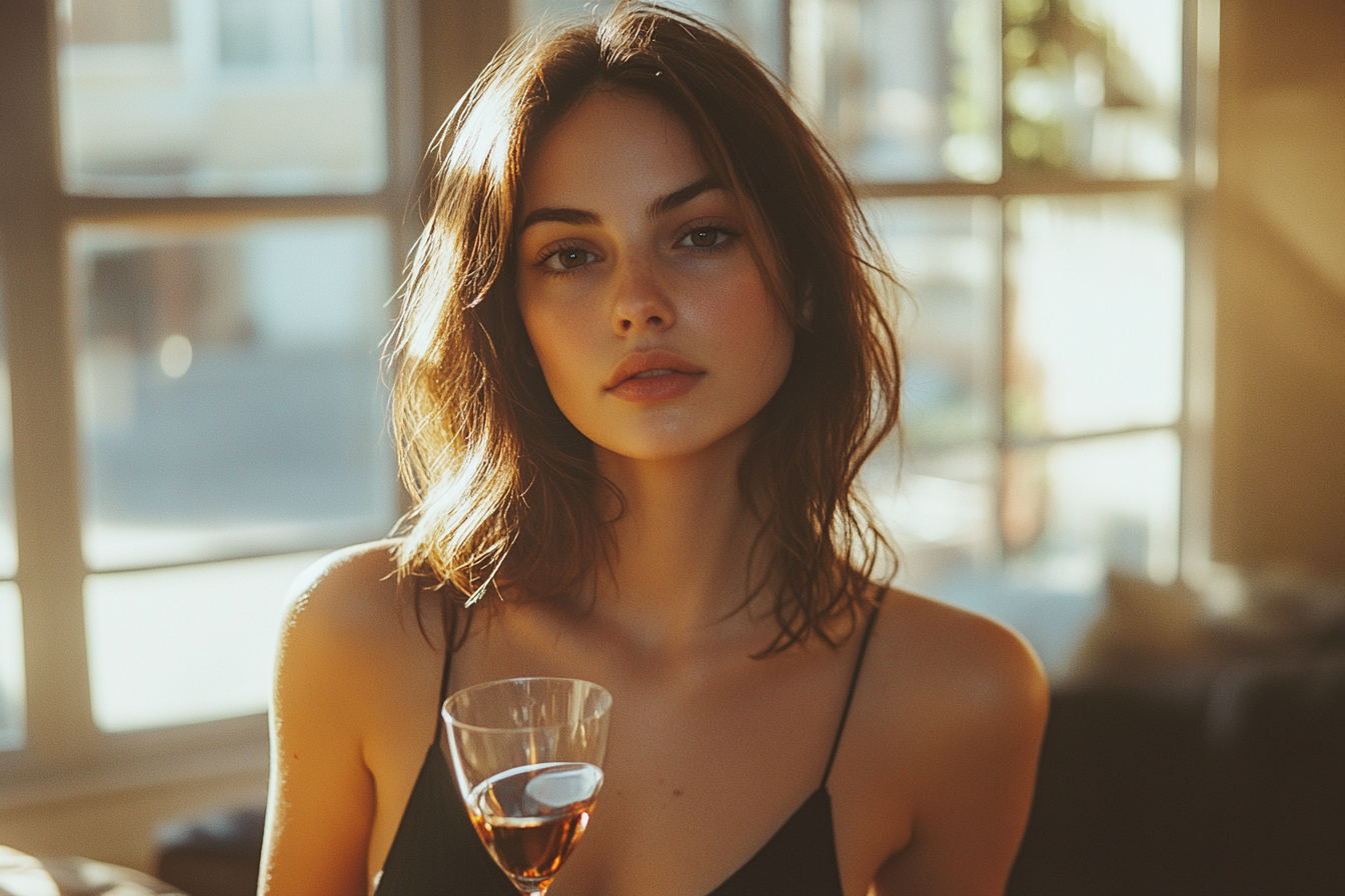 Woman sipping a glass of wine | Source: Midjourney