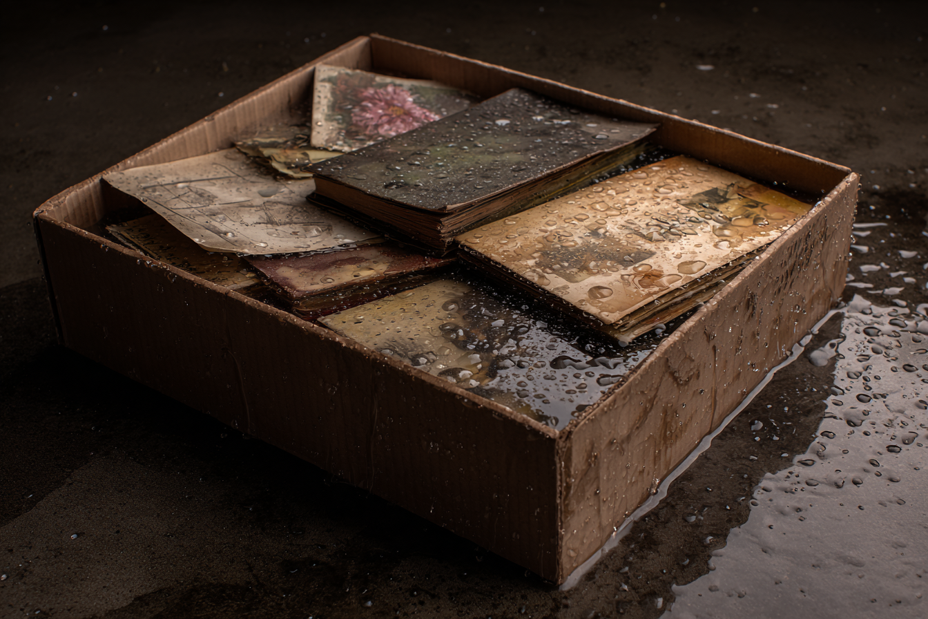 A box of photos soaked in water | Source: Midjourney
