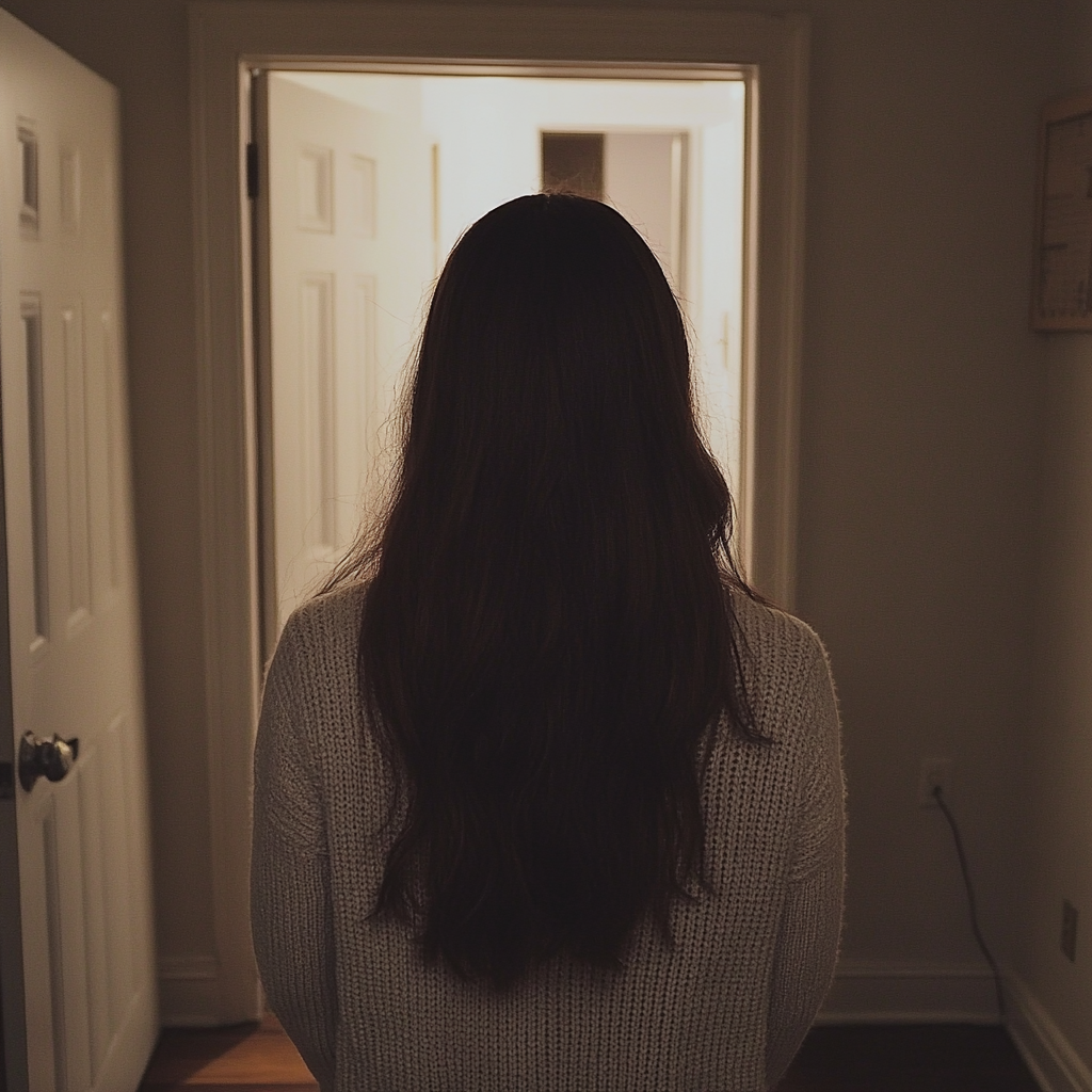 A woman standing in an apartment hallway | Source: Midjourney
