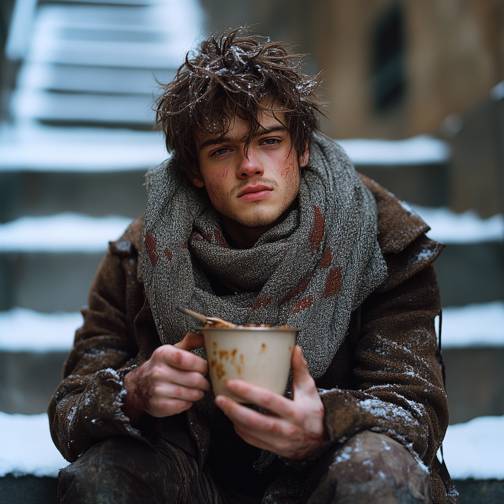 A homeless man with some soup | Source: Midjourney