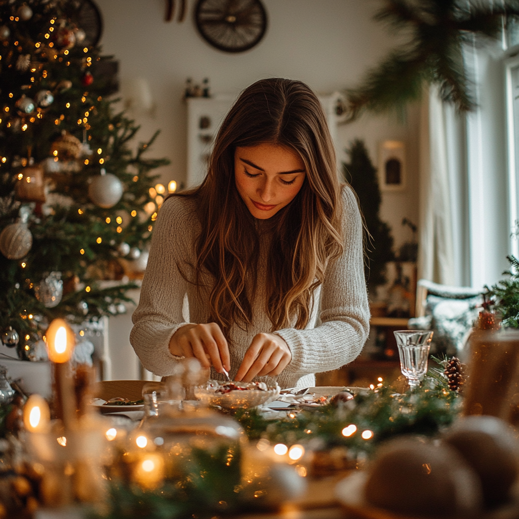 A young woman setting the table | Source: Midjourney