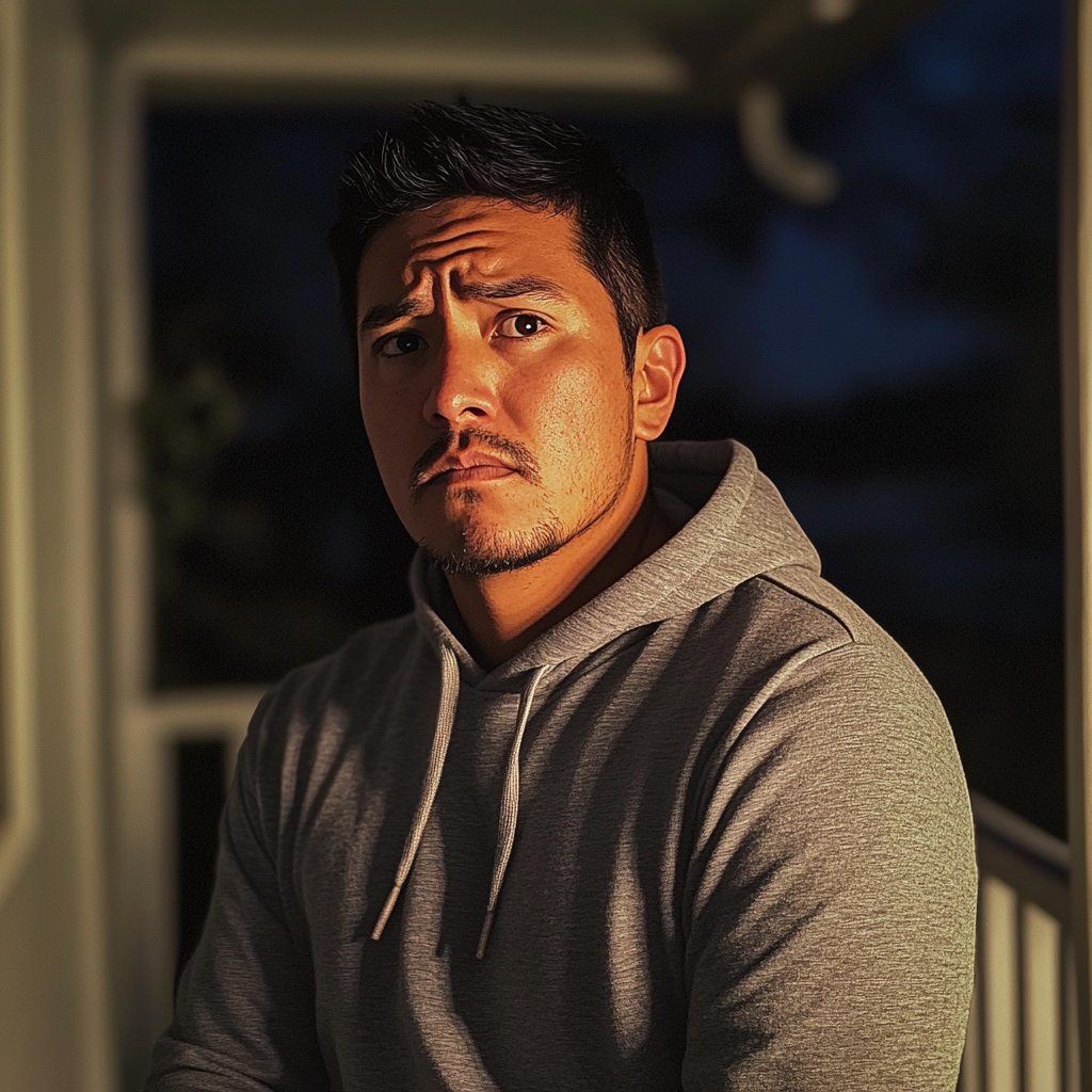 An upset man standing on a porch | Source: Midjourney