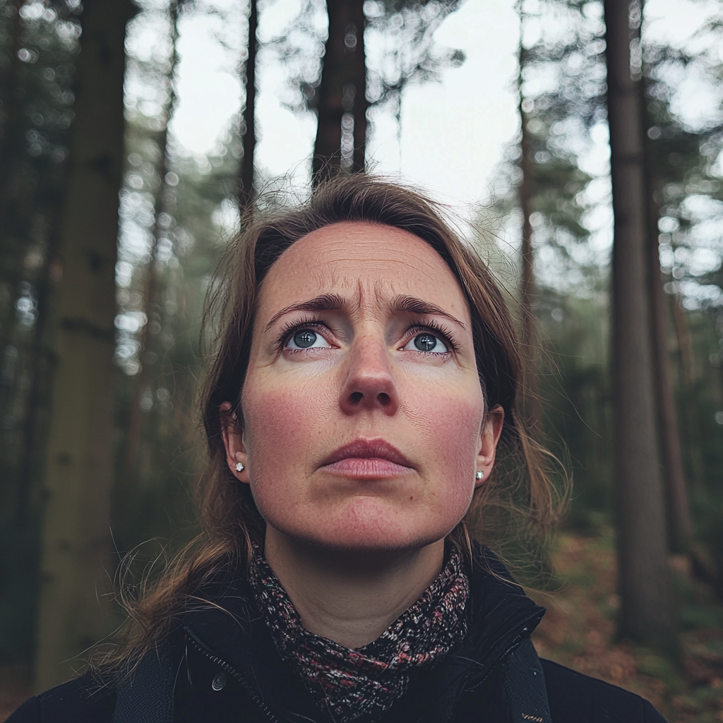 A woman in the woods looking concerned | Source: Midjourney