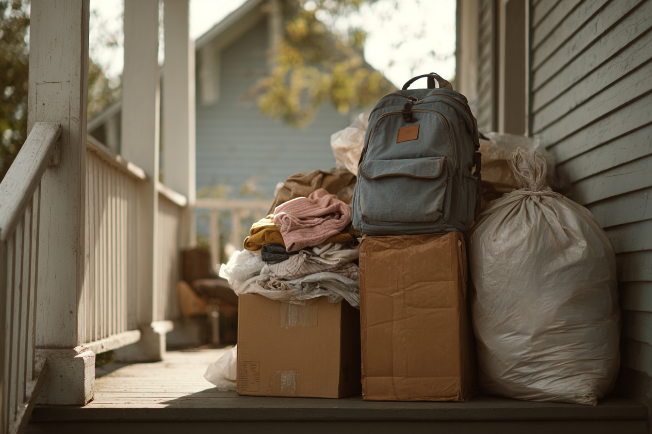 Boxes and clothes on a front porch | Source: Midjourney