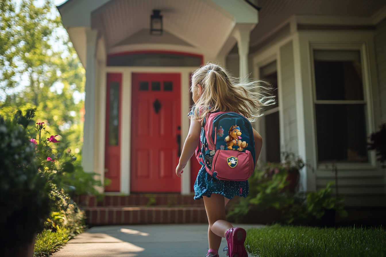 Blonde little girl running to the front door of a house | Source: Midjourney