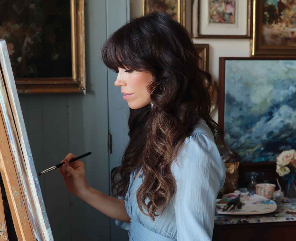 A woman standing in front of an easel | Source: Midjourney
