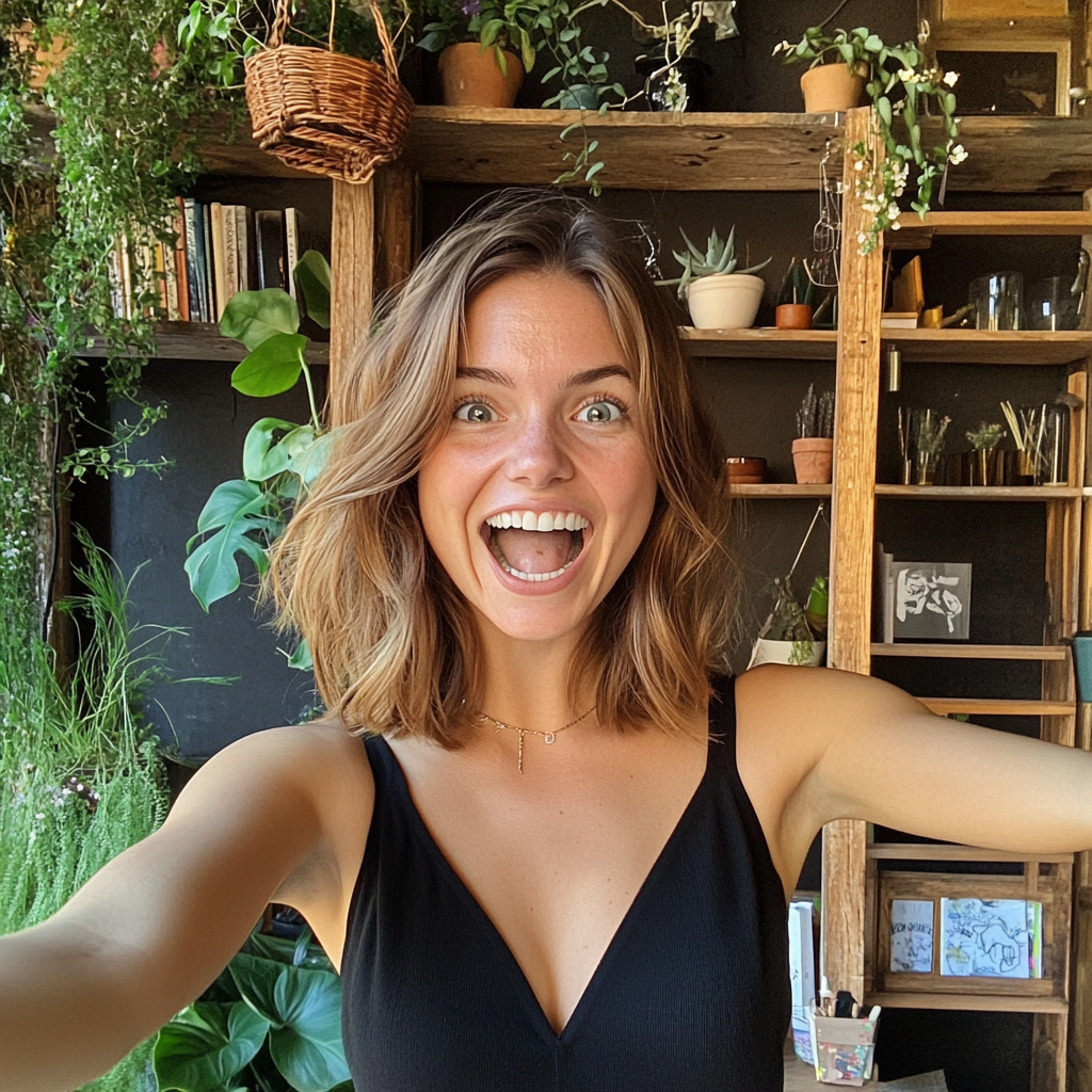 An excited woman in a coffee shop | Source: Midjourney