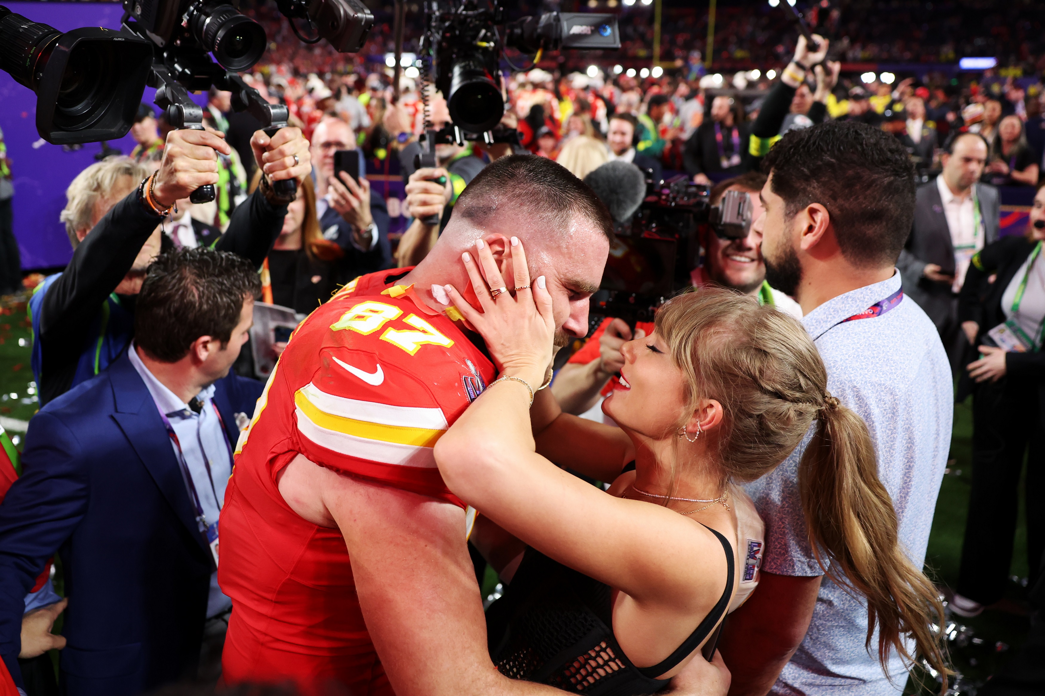 Travis Kelce and Taylor Swift celebrate his Super Bowl LVIII win at Allegiant Stadium on February 11, 2024, in Las Vegas, Nevada | Source: Getty Images