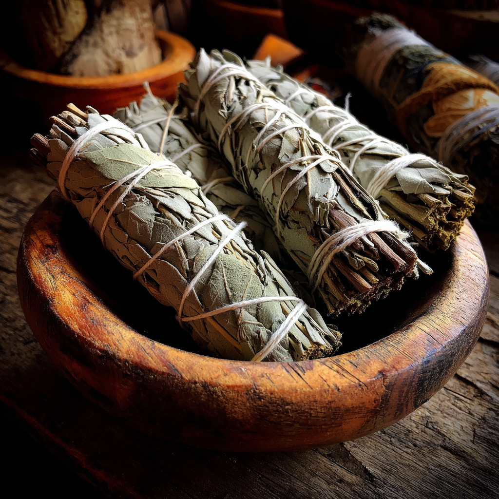 Bundles of sage in a wooden bowl | Source: Midjourney