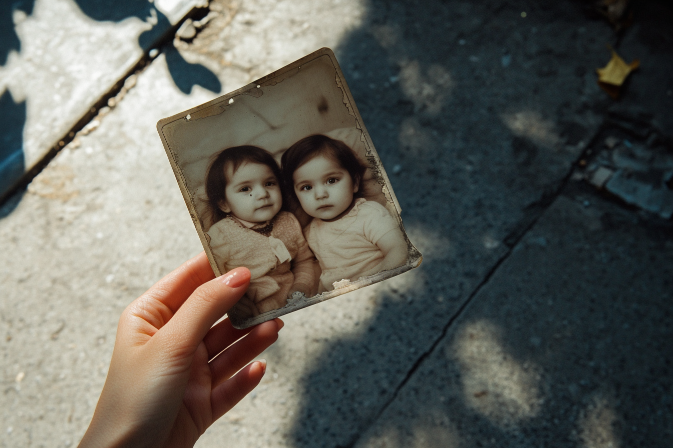 A woman's hand holding a photograph of twin baby girls | Source: Midjourney