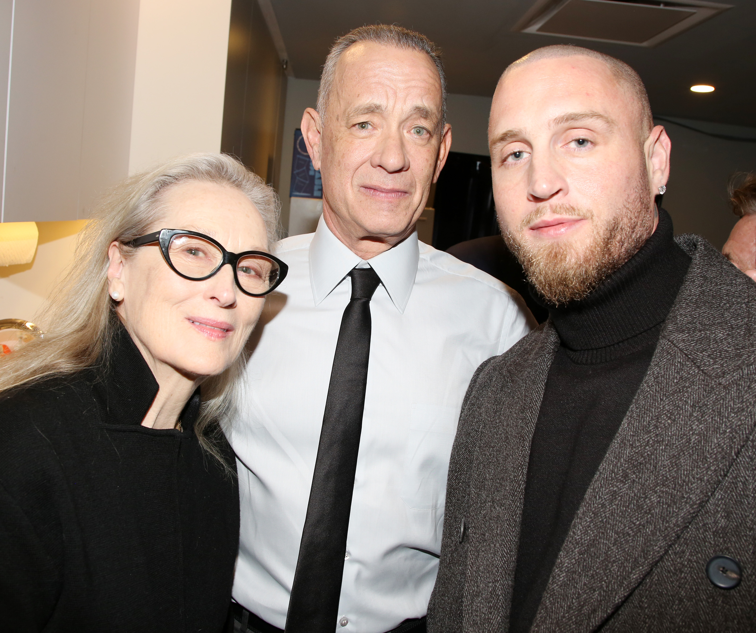 Meryl Streep, Tom Hanks and Chet Hanks pose backstage at the gala opening night performance of the new play "This World of Tomorrow" at The Griffin Theater at The Shed on November 18, 2025 in New York City. | Source: Getty Images
