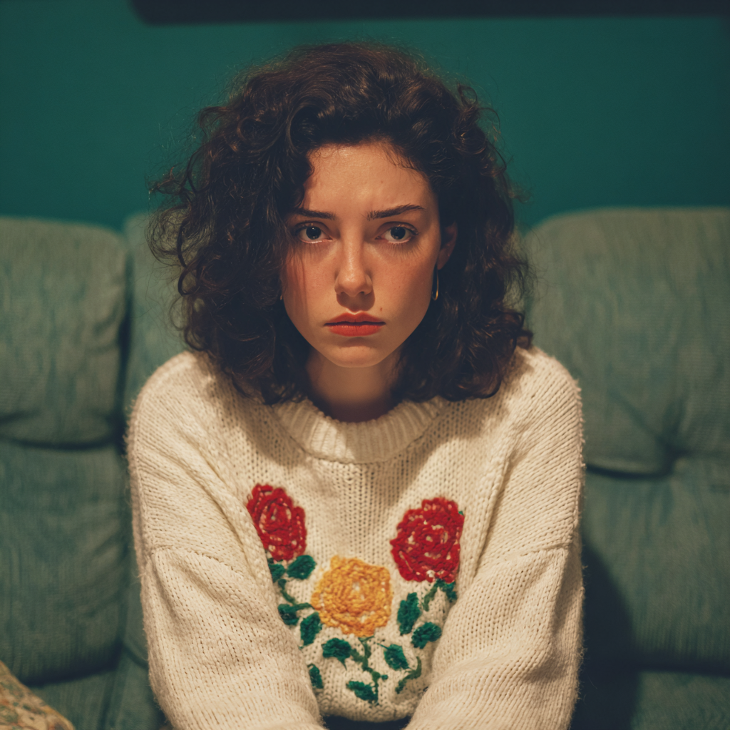 An annoyed woman in a white sweater | Source: Midjourney