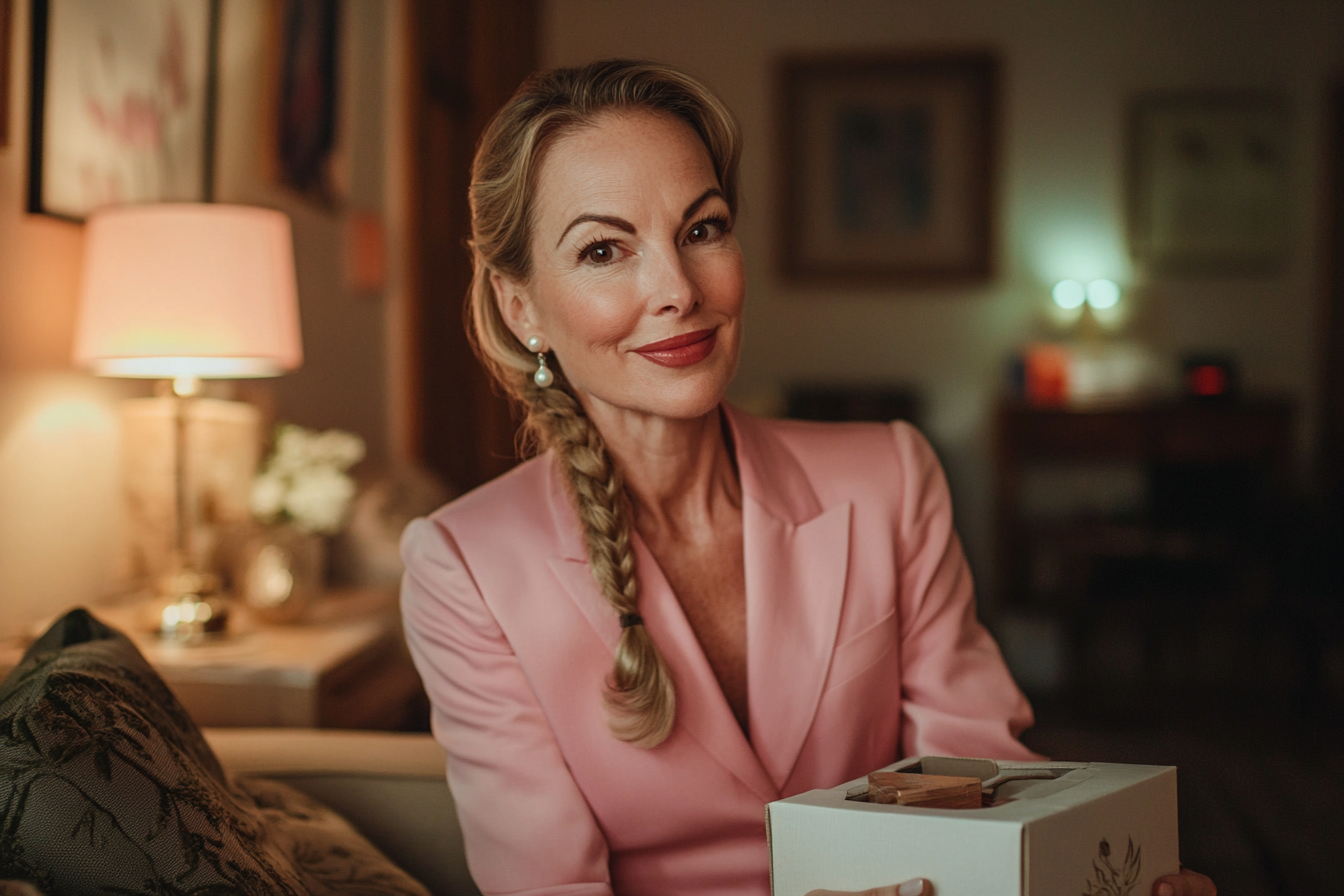 A smiling woman in her 40s holding a shoe box sitting on a couch in the living room of a cozy apartment | Source: Midjourney