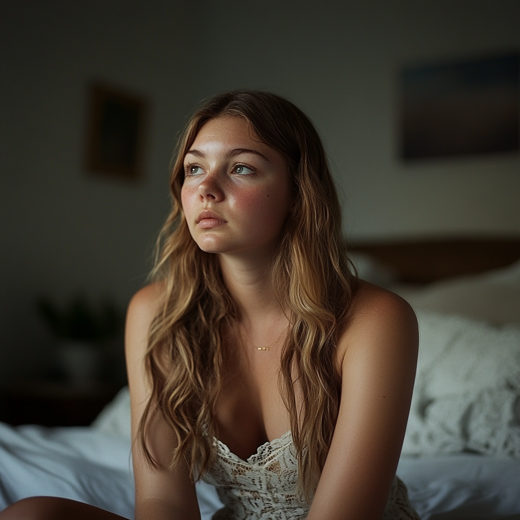 A woman looking anxious and in deep thought while sitting on her bed | Source: Midjourney