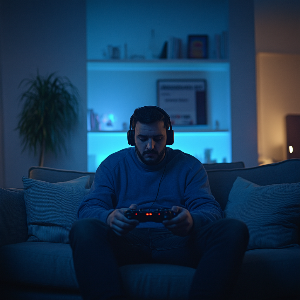 Man sitting on a couch, wearing a headset, playing video games at night. | Source: Midjourney