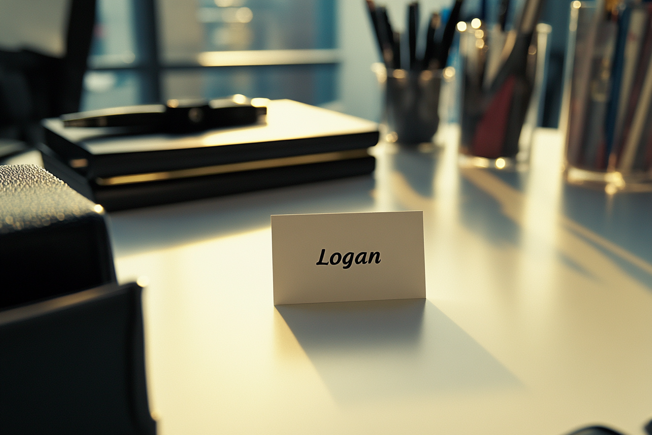 Una tarjeta de contacto sobre un escritorio que dice "Logan" | Fuente: Midjourney