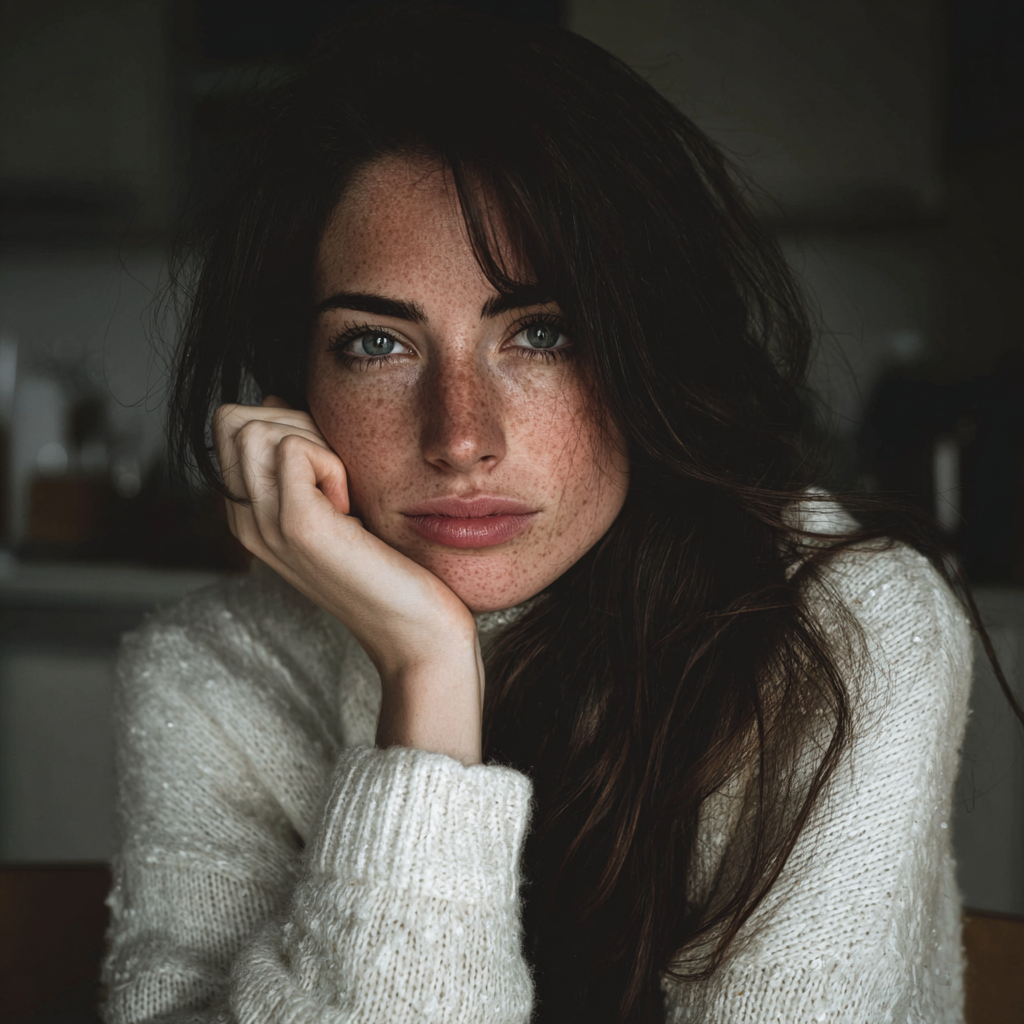 A pensive woman sitting at a kitchen table | Source: Midjourney