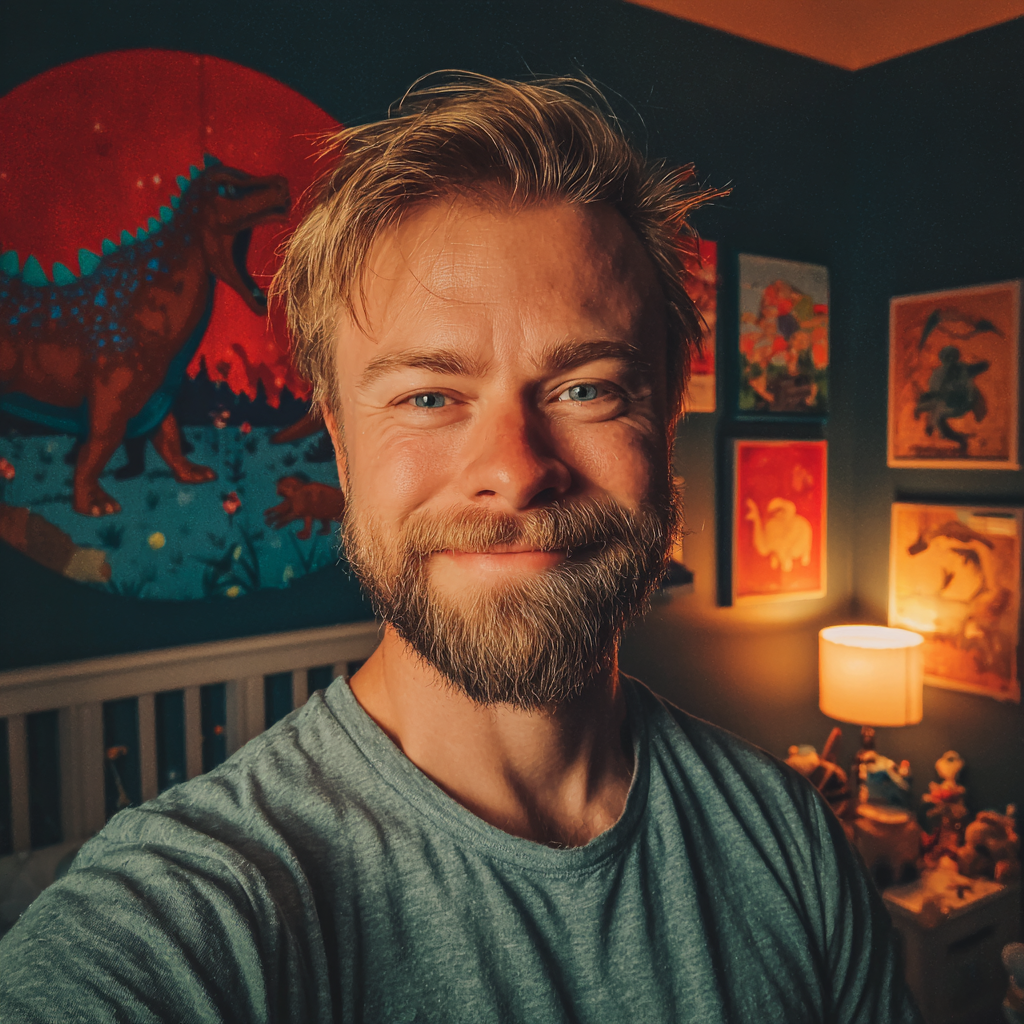 A smiling man standing in his son's bedroom | Source: Midjourney