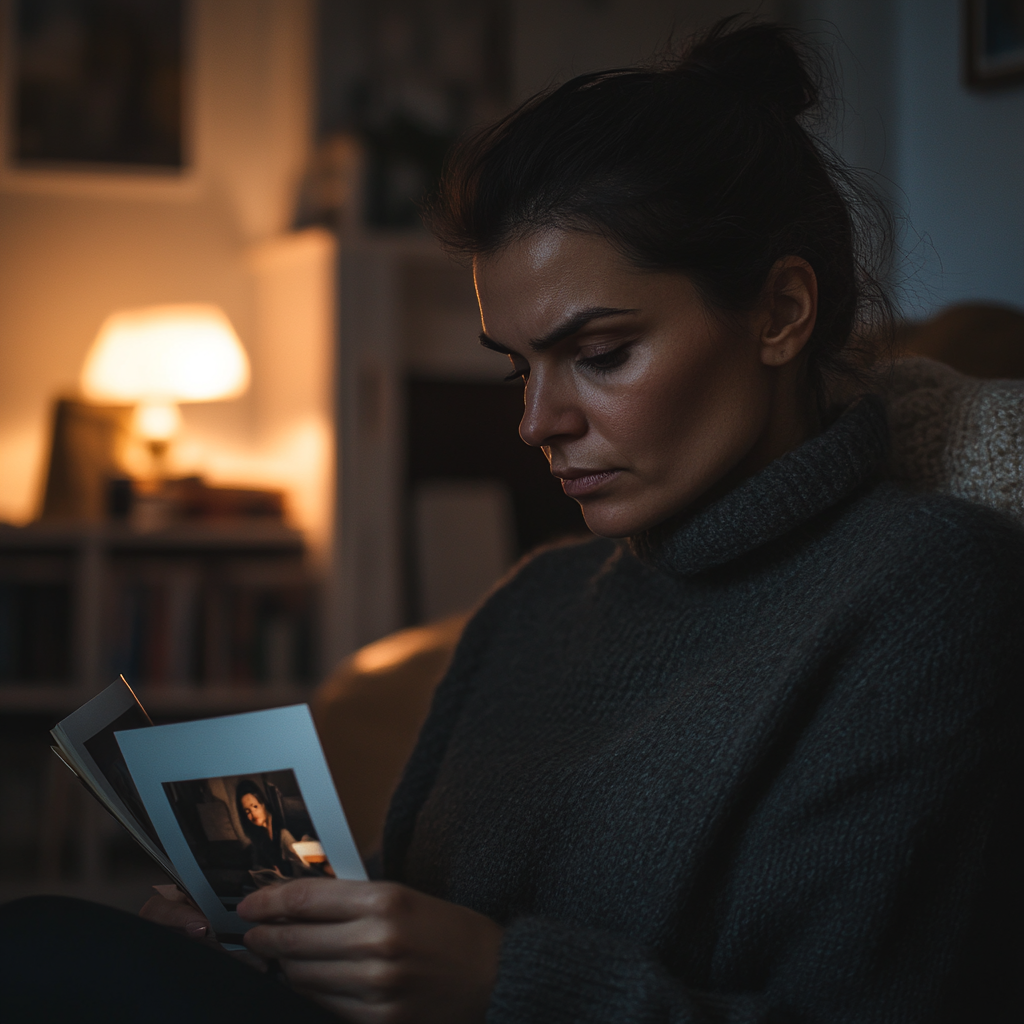 A woman looking at the photographs in her hands ⏐ Source: Midjourney