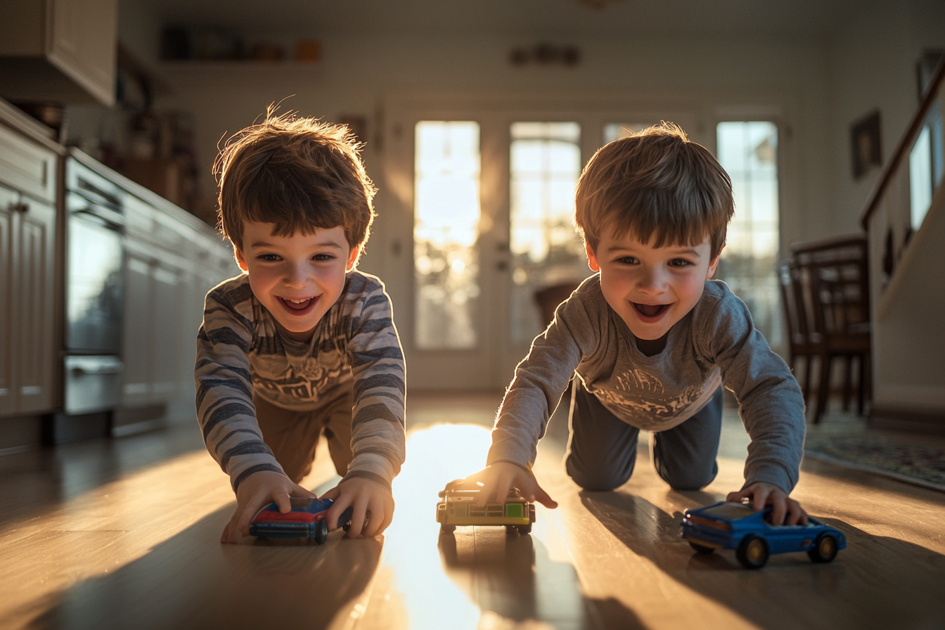 Twin 7-year-old boys playing with toy cars on the kitchen floor | Source: Midjourney