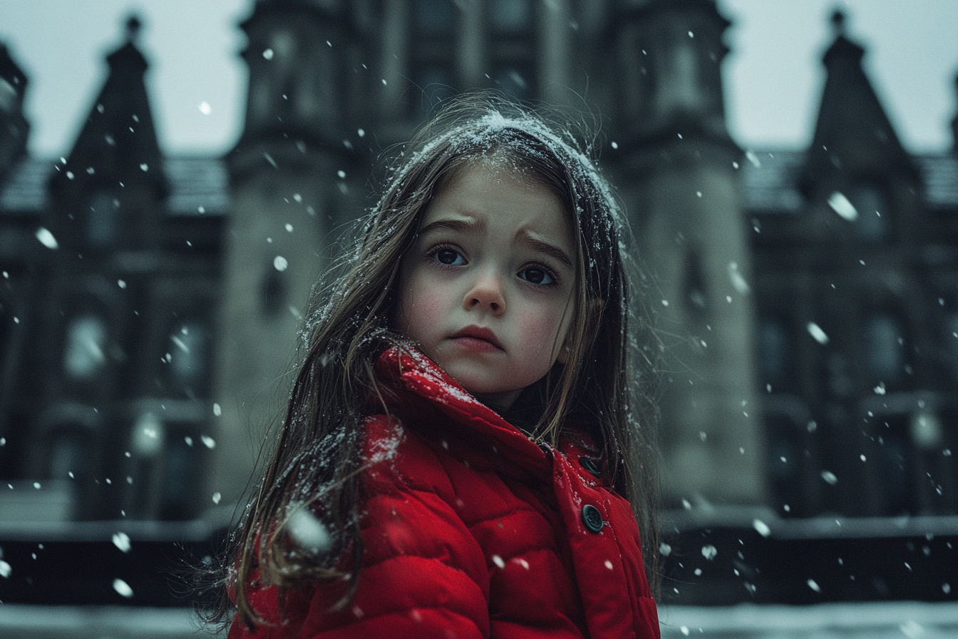 A little girl wearing a red jacket, looking sad, in front of a building outside in the snow | Source: Midjourney