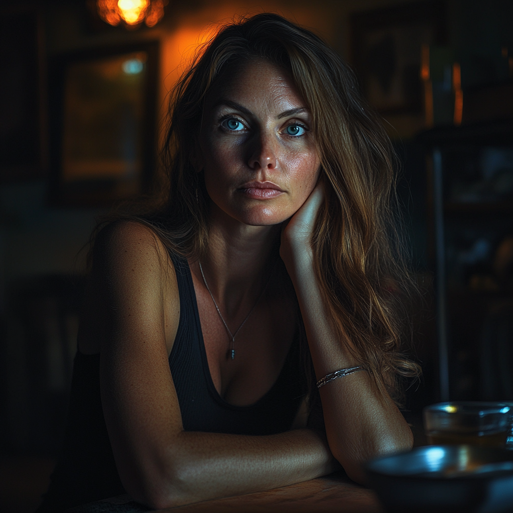 Une femme méfiante et impatiente assise à la table du dîner | Source : Midjourney