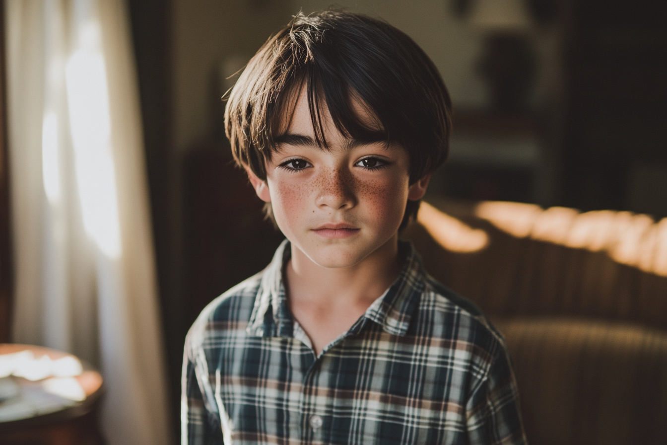 A boy, 11 years old, looking serious in a living room | Source: Midjourney