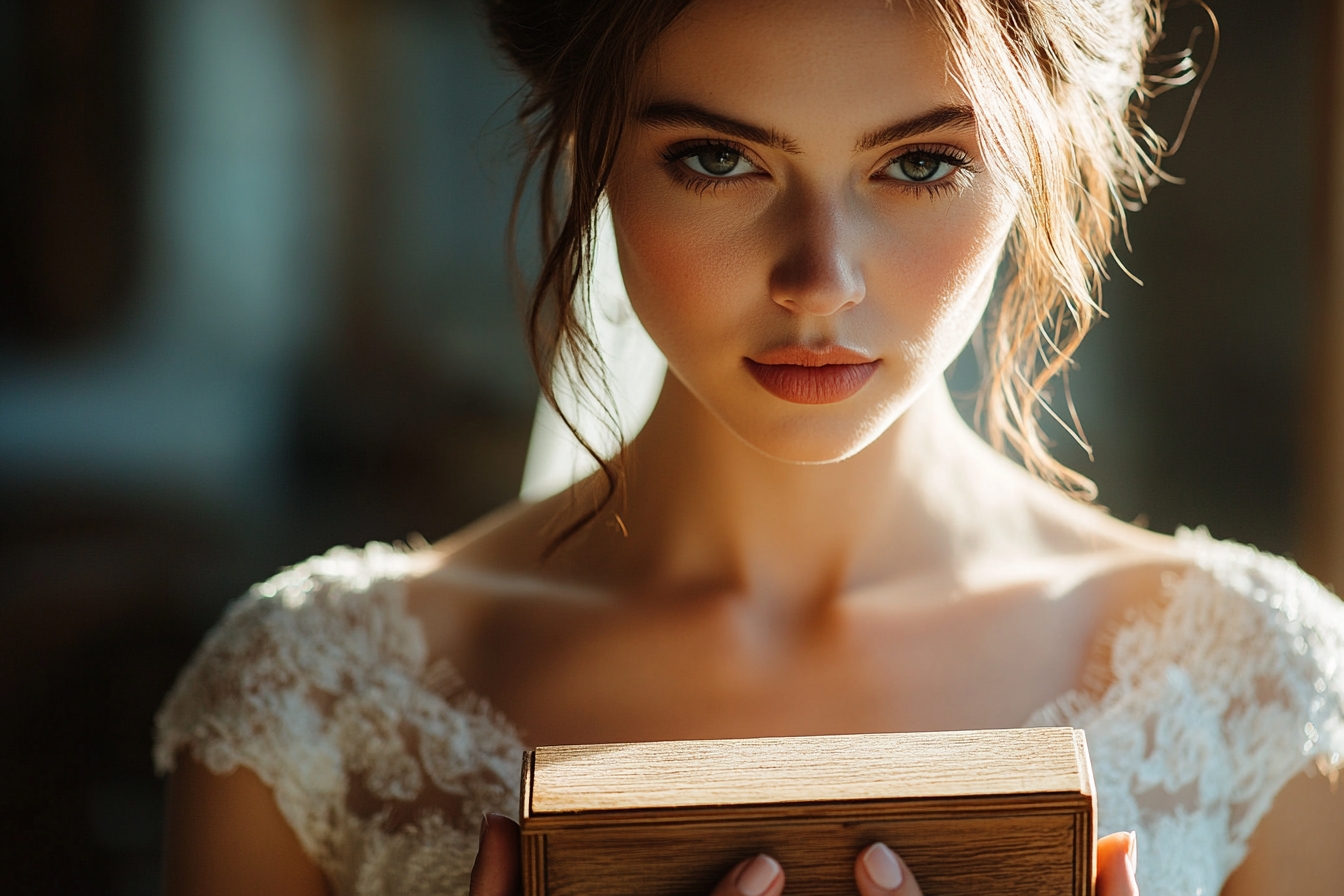 Bride holding a small wooden box | Source: Midjourney