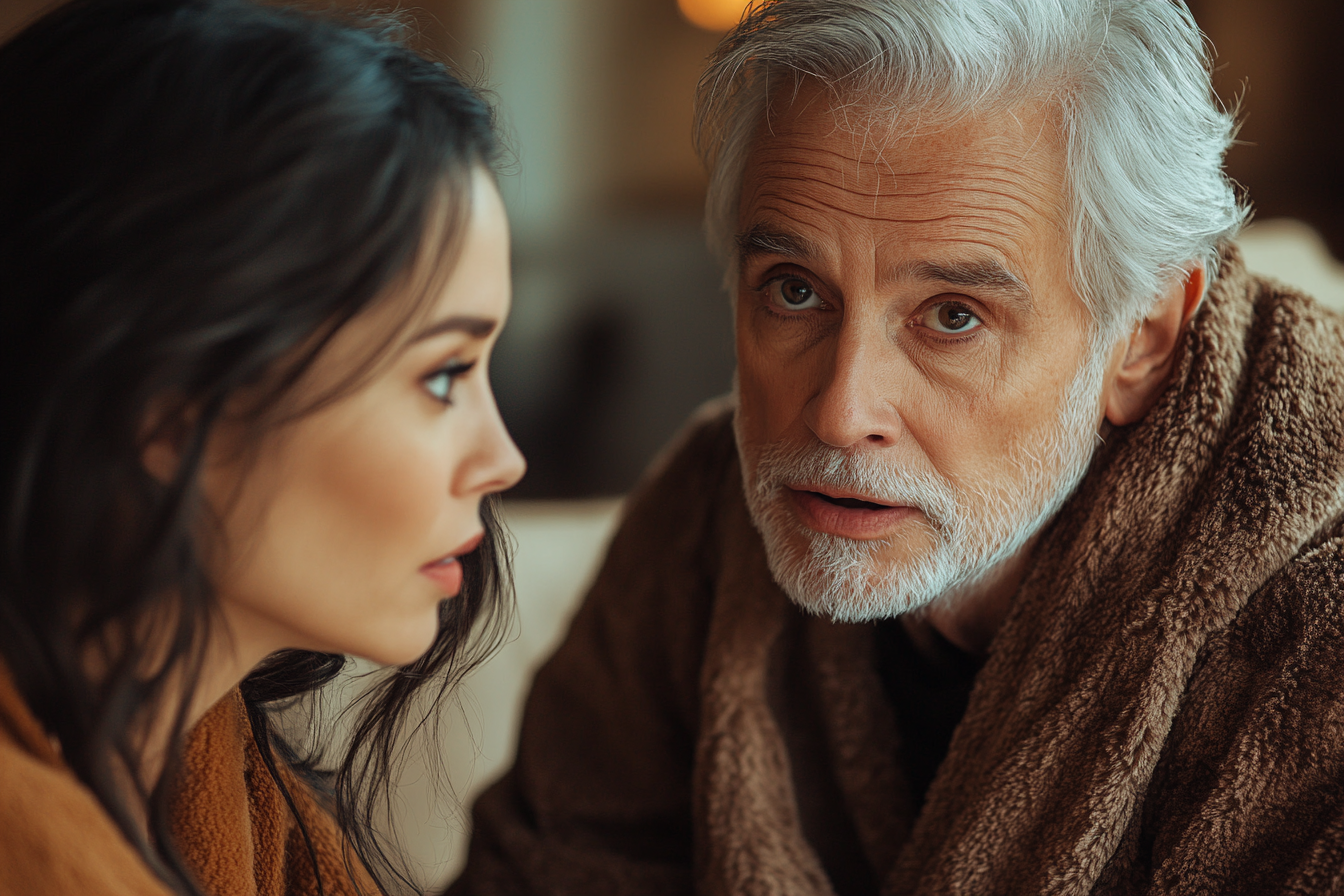 Woman with slightly shocked expression talking to a senior man | Source: Midjourney