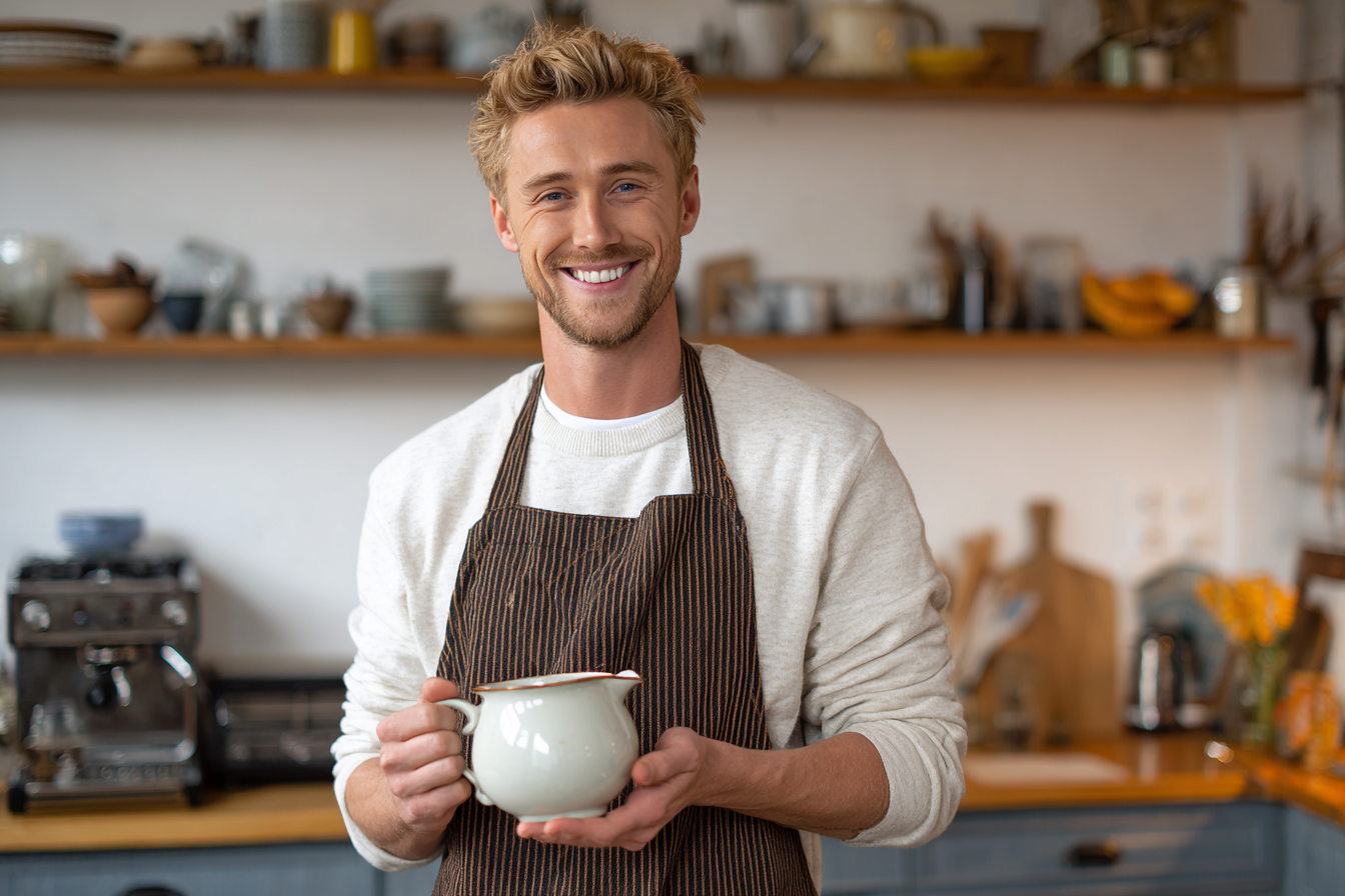 A man holding a jug of gravy in a kitchen | Source: Midjourney