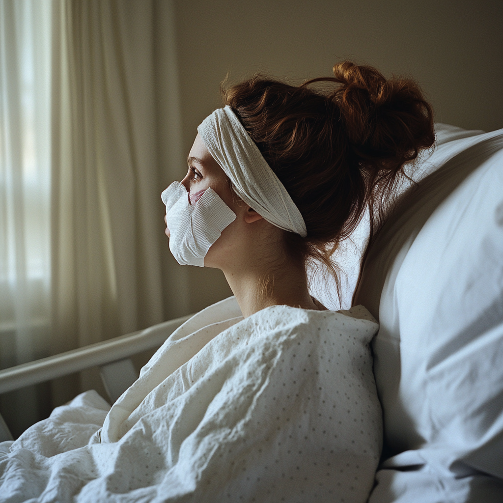 A woman with bandages covering her face | Source: Midjourney