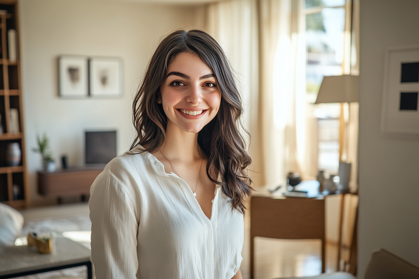 A smiling woman standing in her living room | Source: Midjourney