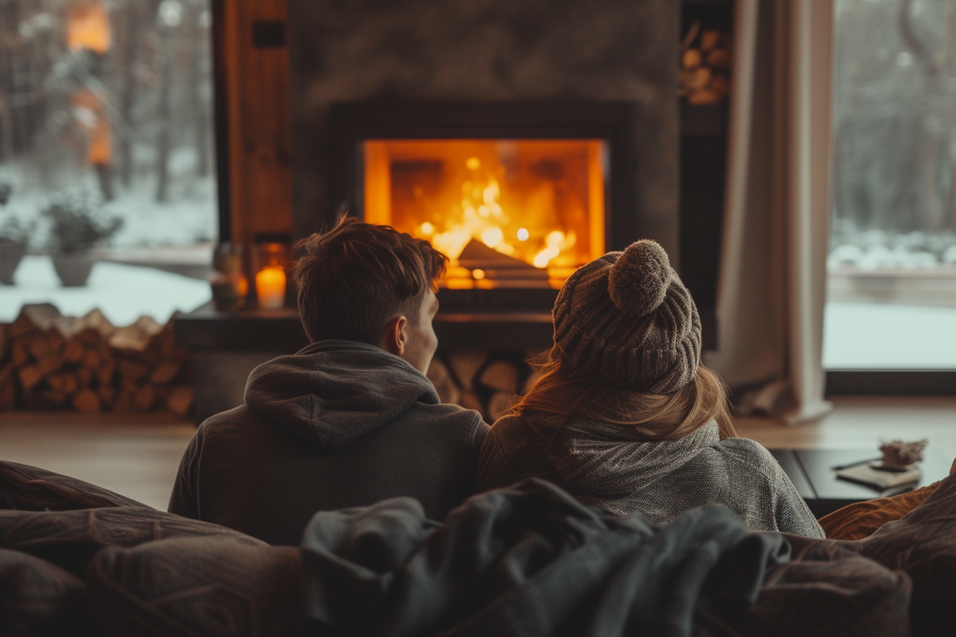 Vue arrière d'un couple discutant assis près de la cheminée à la maison | Source : Midjourney