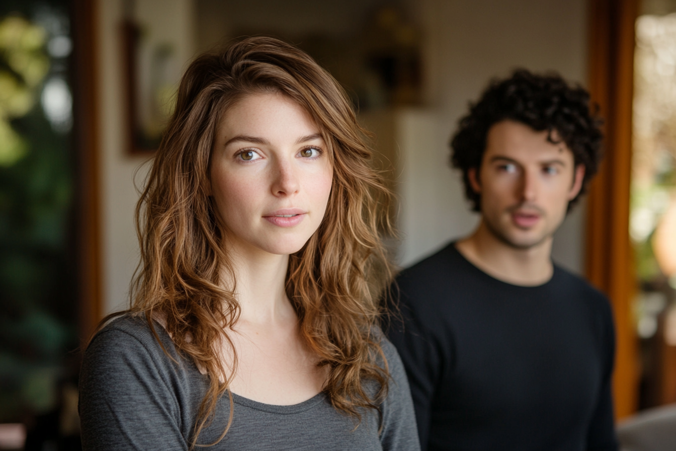 A man and a woman speaking in a living room | Source: Midjourney