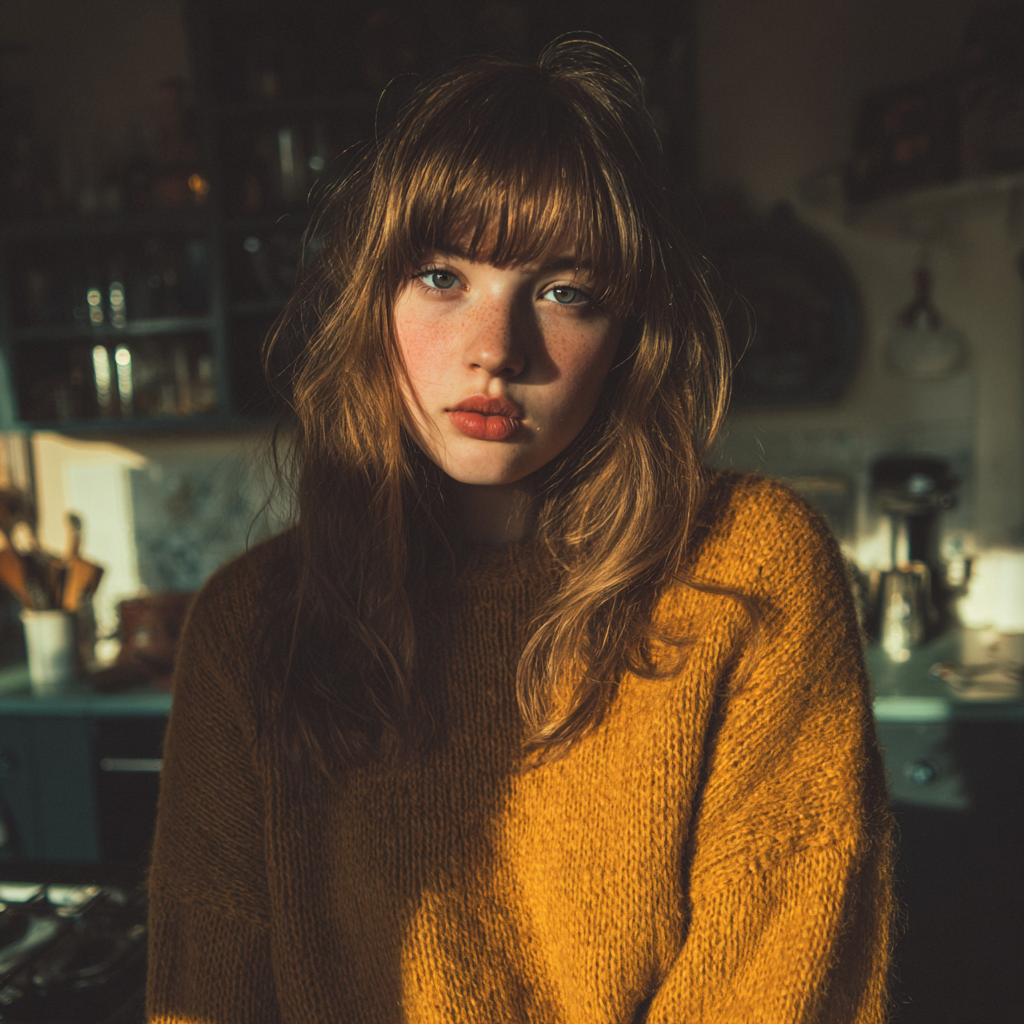An upset teenage girl standing in a kitchen | Source: Midjourney