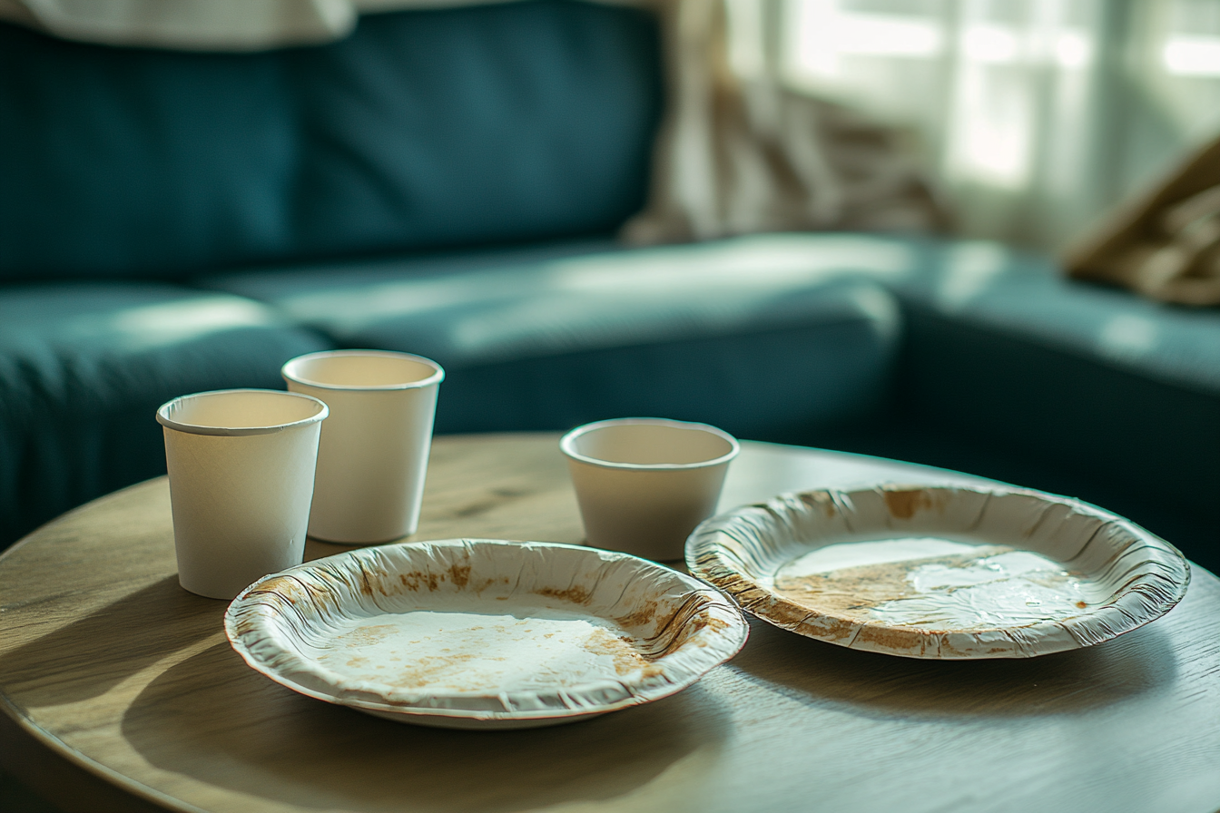 Dirty paper plates on a coffee table | Source: Midjourney