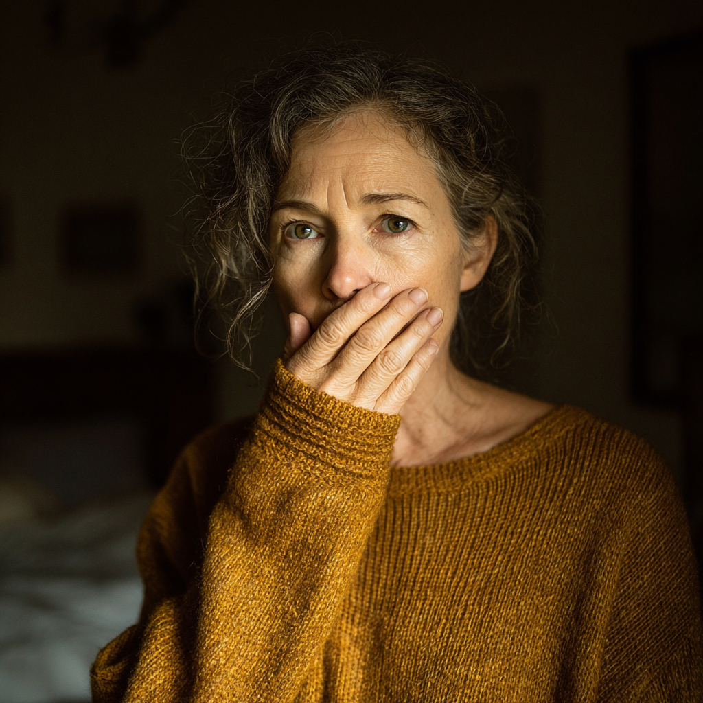 A shocked woman standing in a bedroom with a hand over her mouth | Source: Midjourney