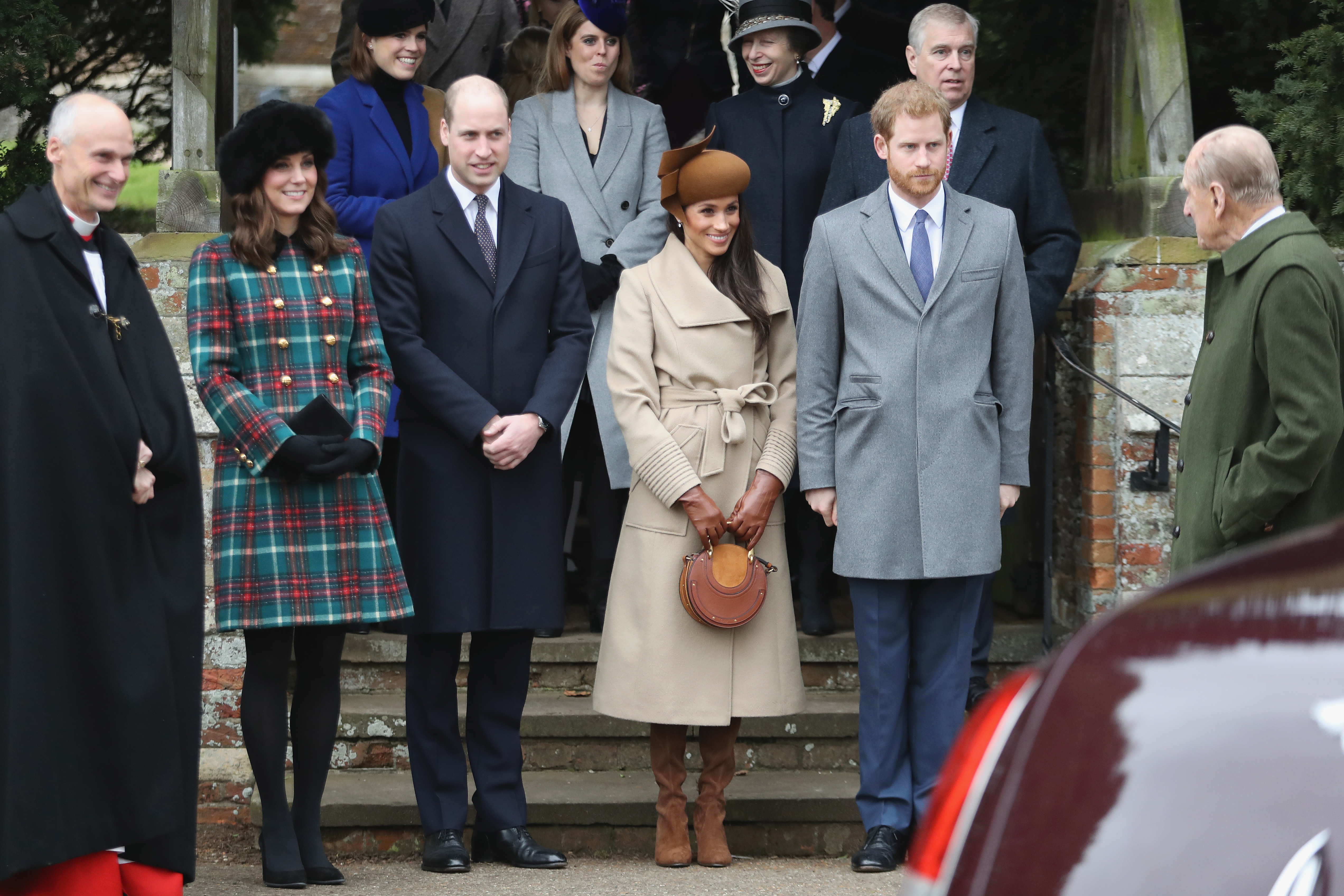 Princess Beatrice, Princess Eugenie, Princess Anne, Princess Royal, Prince Andrew, Duke of York, Prince William, Duke of Cambridge, Prince Philip, Duke of Edinburgh, Catherine, Duchess of Cambridge, Meghan Markle and Prince Harry attend Christmas Day Church service at Church of St Mary Magdalene on December 25, 2017 in King's Lynn, England. | Source: Getty Images