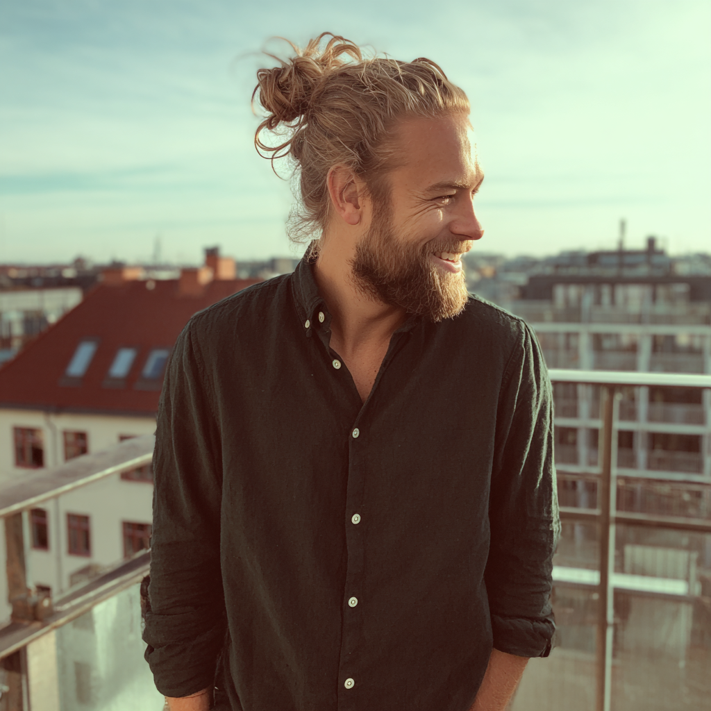 A smiling man standing on a balcony | Source: Midjourney