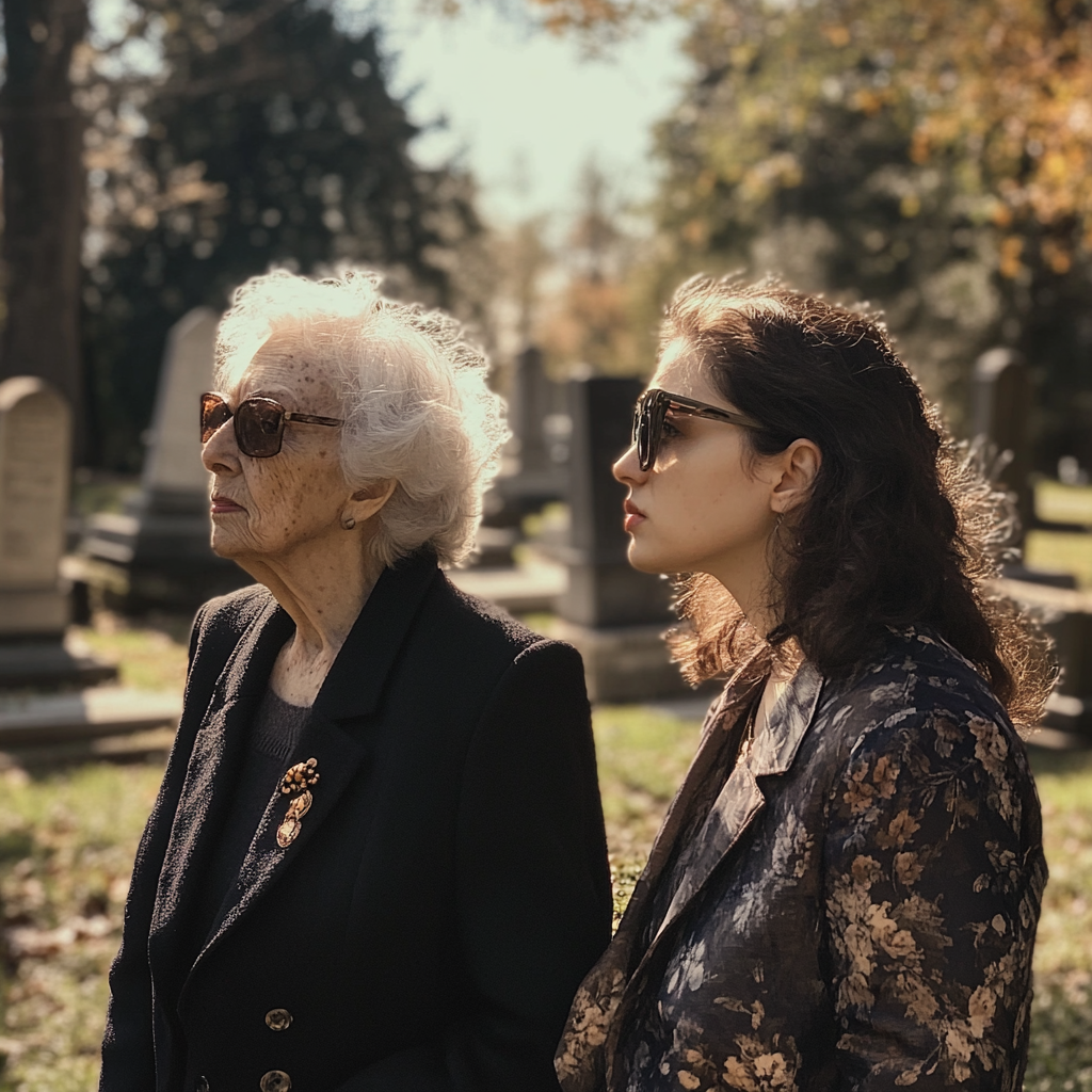 Senior woman and a young woman at a gravesite | Source: Midjourney