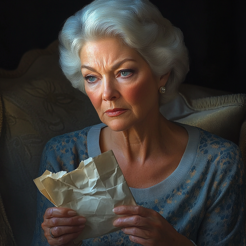 A sad older woman feeling nostalgic as she holds a letter | Source: Midjourney