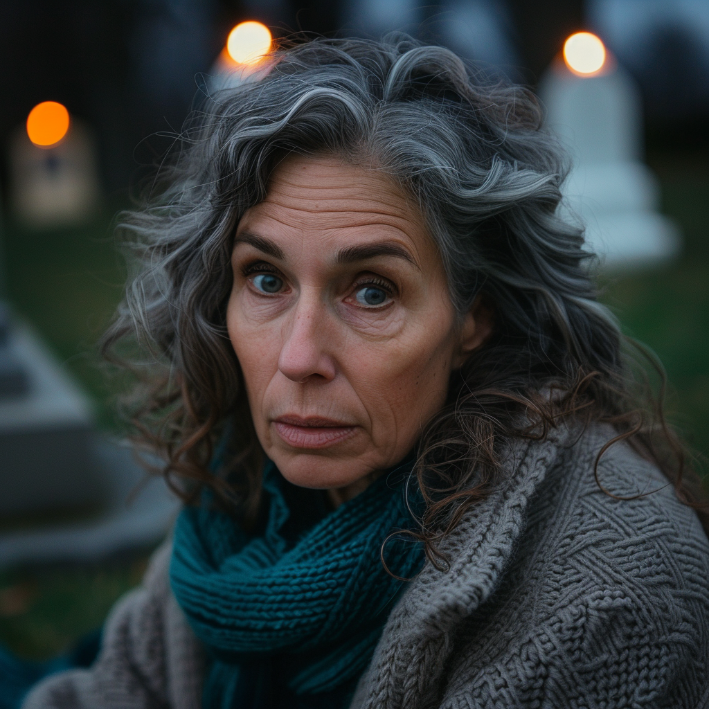 Close-up of a sad woman sitting in a cemetery | Source: Midjourney