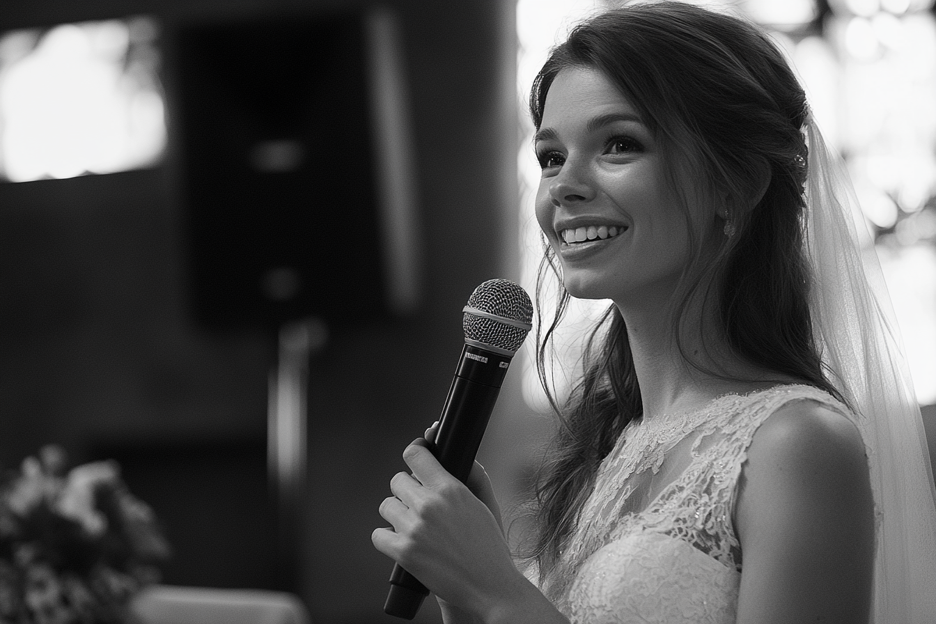 A bride smiling while giving a speech | Source: Midjourney