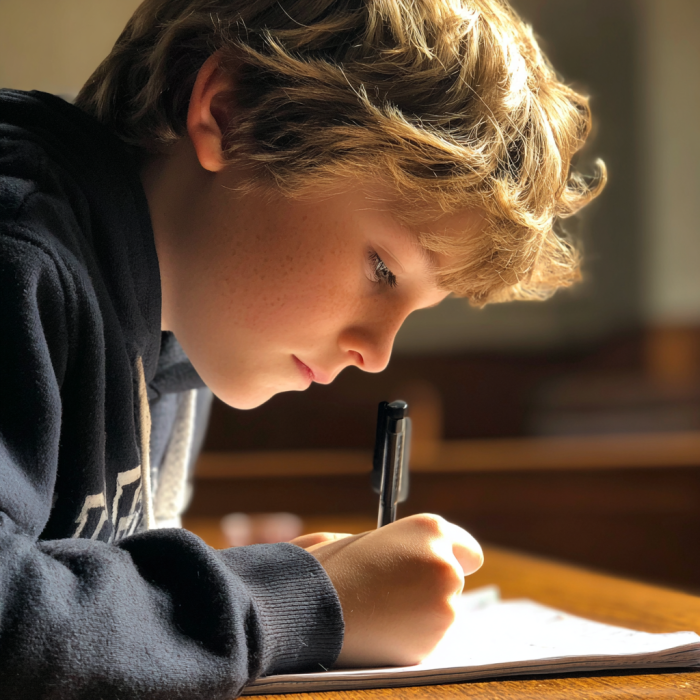 A teenage boy writing something on a notebook in a courtroom | Source: Midjourney