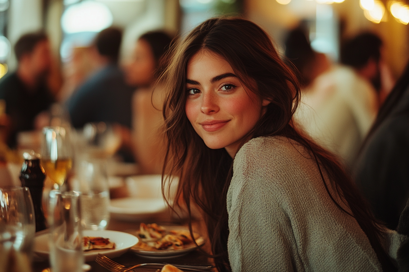 A woman slightly smiling while seated at a dinner table | Source: Midjourney